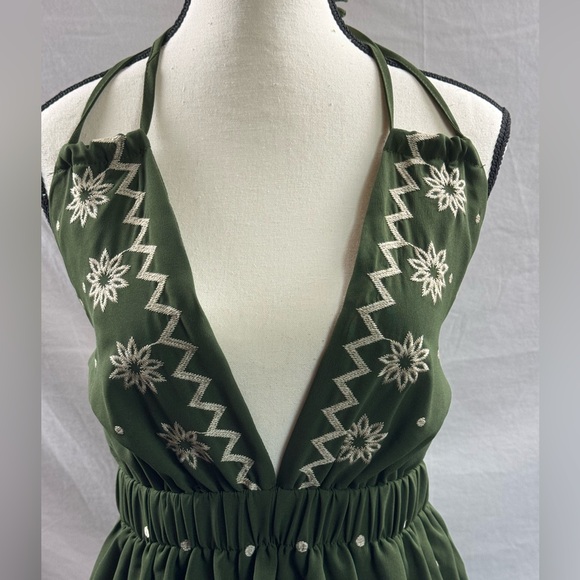 Boho Floral Embroidered Deep V-Neck Dress Green - Picture 8 of 10